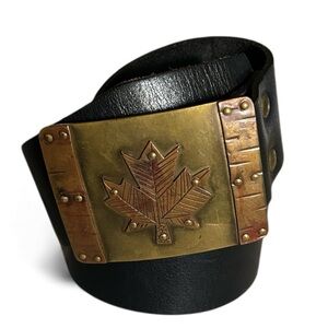Noah’s Art Montreal Brass Handmade Maple Leaf Buckle with Black Leather Belt 36
